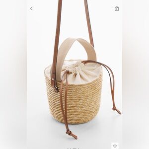 Mango Natural Fiber Straw Bucket Crossbody Bag with Brown Leather Trim